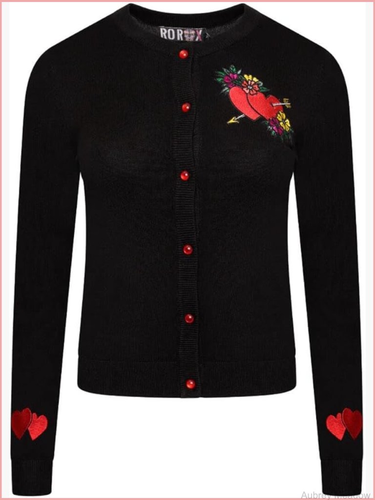 Vintage Rockabilly Heart Embroidery Knitted Long Sleeve Cardigan